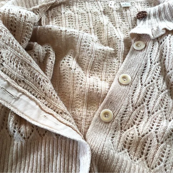 Anthropologie Moth Women’s S, Ruffled Collar, Tan Crochet Cardigan Sweater, Wool - Picture 6 of 13